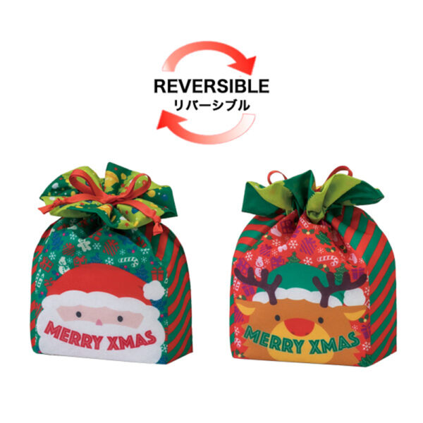LA368スクエア巾着 クリスマスFPの画像。サンタ柄とトナカイ柄どちらも楽しめる巾着袋。