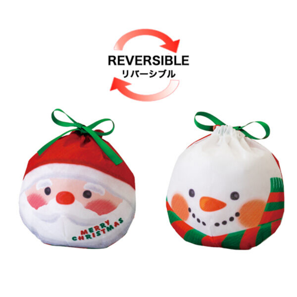 LA446 おてだま巾着 サンタ雪だるまFPの画像。サンタと雪だるまを裏表にプリントしたミニ巾着。