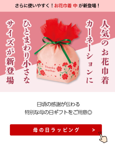 お花巾着 中 カーネーション柄の新商品の紹介と母の日ラッピングページの紹介画像